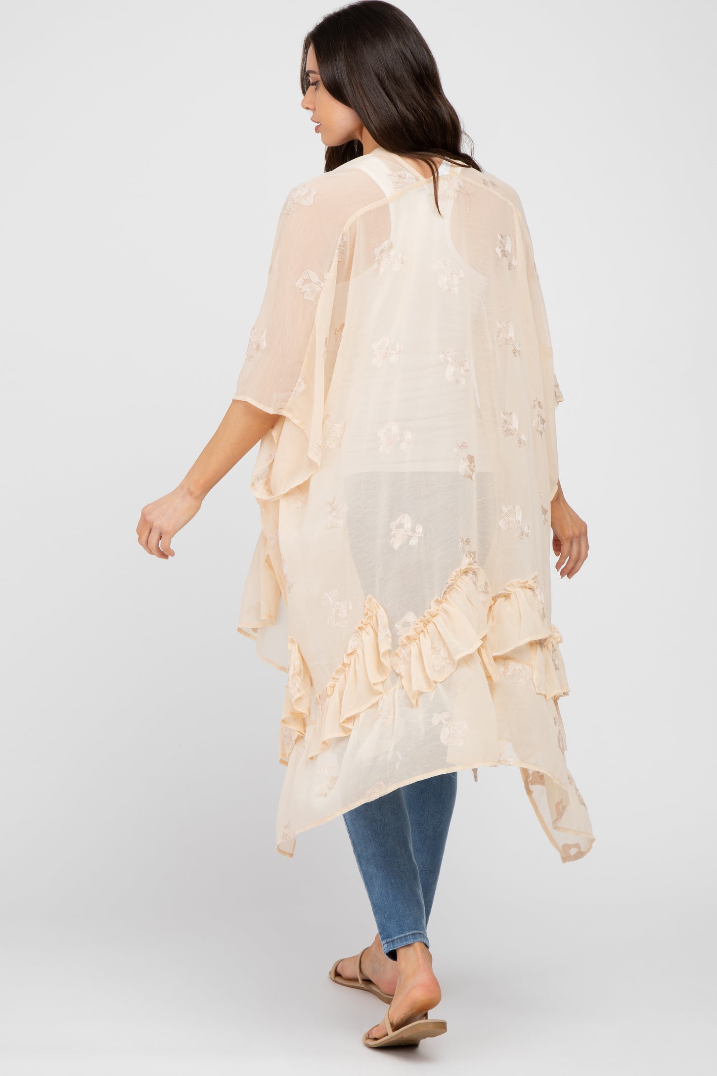 Beige Chiffon Floral Embroidered Ruffle Maternity Cover-Up– PinkBlush