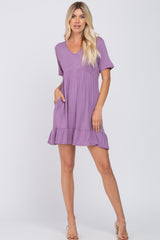 Lavender V-Neck Ruffle Hem Dress
