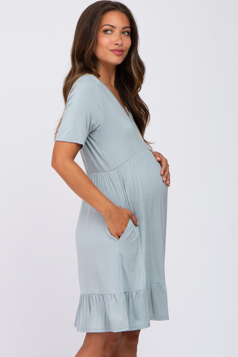 Light Blue V-Neck Ruffle Hem Maternity Dress – PinkBlush