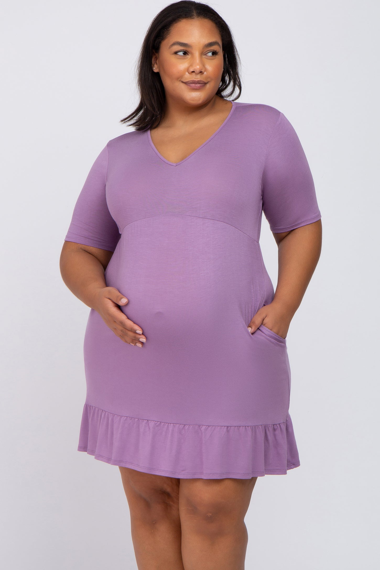 Lavender V-Neck Ruffle Hem Maternity Plus Dress