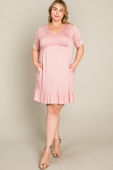 Light Pink V-Neck Ruffle Hem Plus Dress