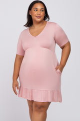 Light Pink V-Neck Ruffle Hem Maternity Plus Dress