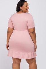 Light Pink V-Neck Ruffle Hem Maternity Plus Dress