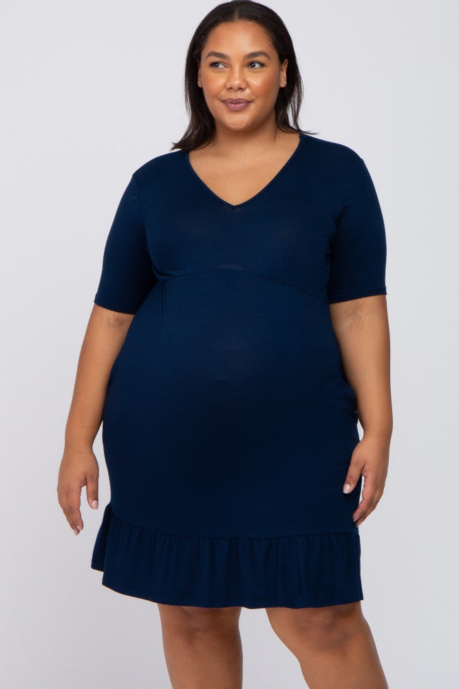Navy Blue V-Neck Ruffle Hem Maternity Plus Dress