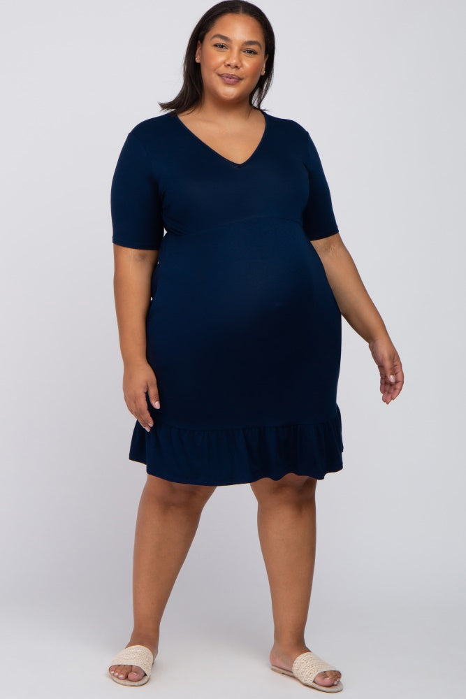 Navy Blue V-Neck Ruffle Hem Maternity Plus Dress