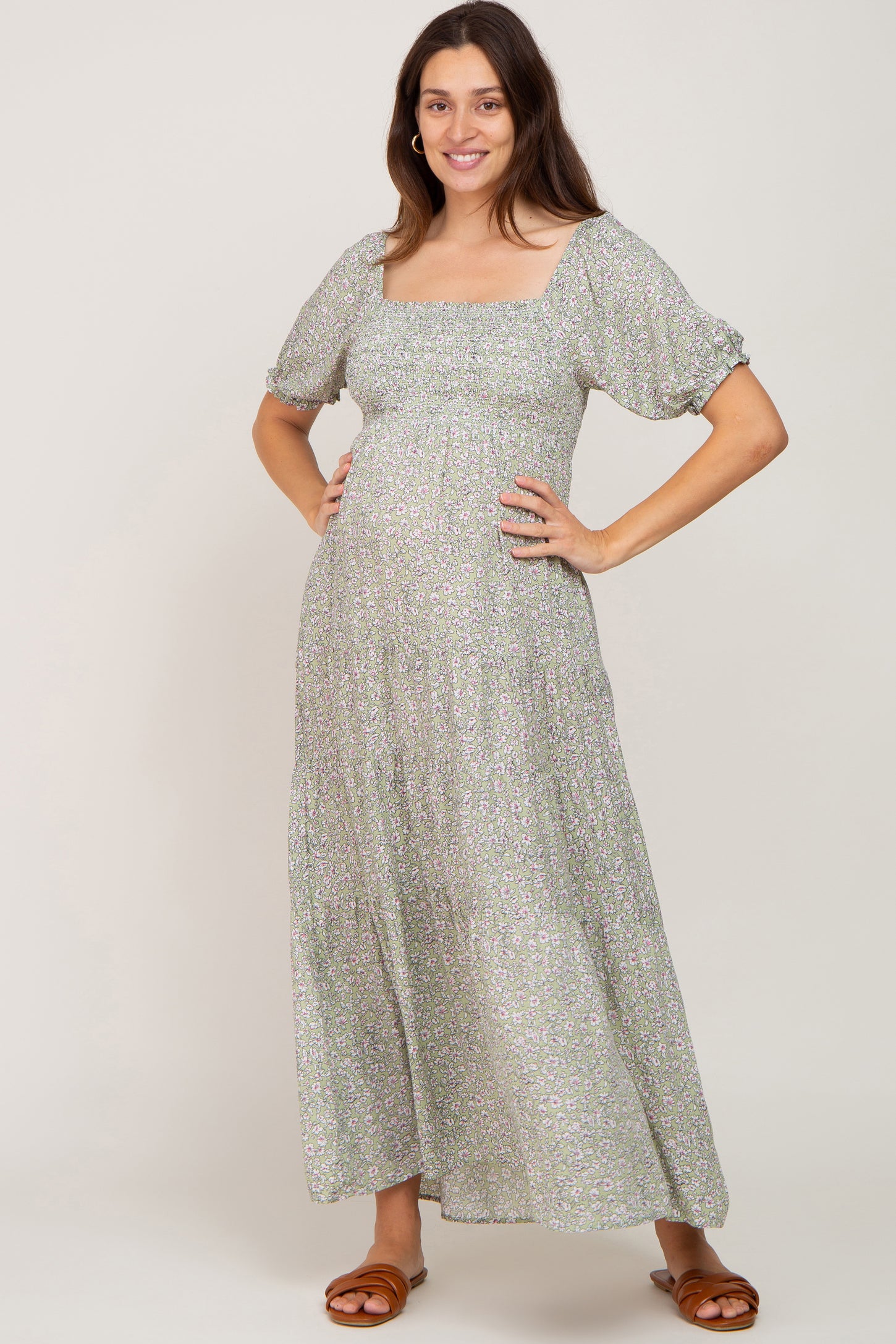 Light Olive Floral Square Neckline Maternity Maxi Dress– PinkBlush