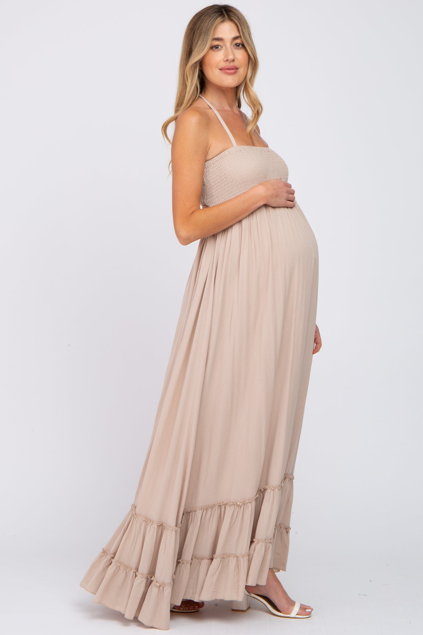 Beige Halter Neck Cut Out Maternity Maxi Dress– PinkBlush