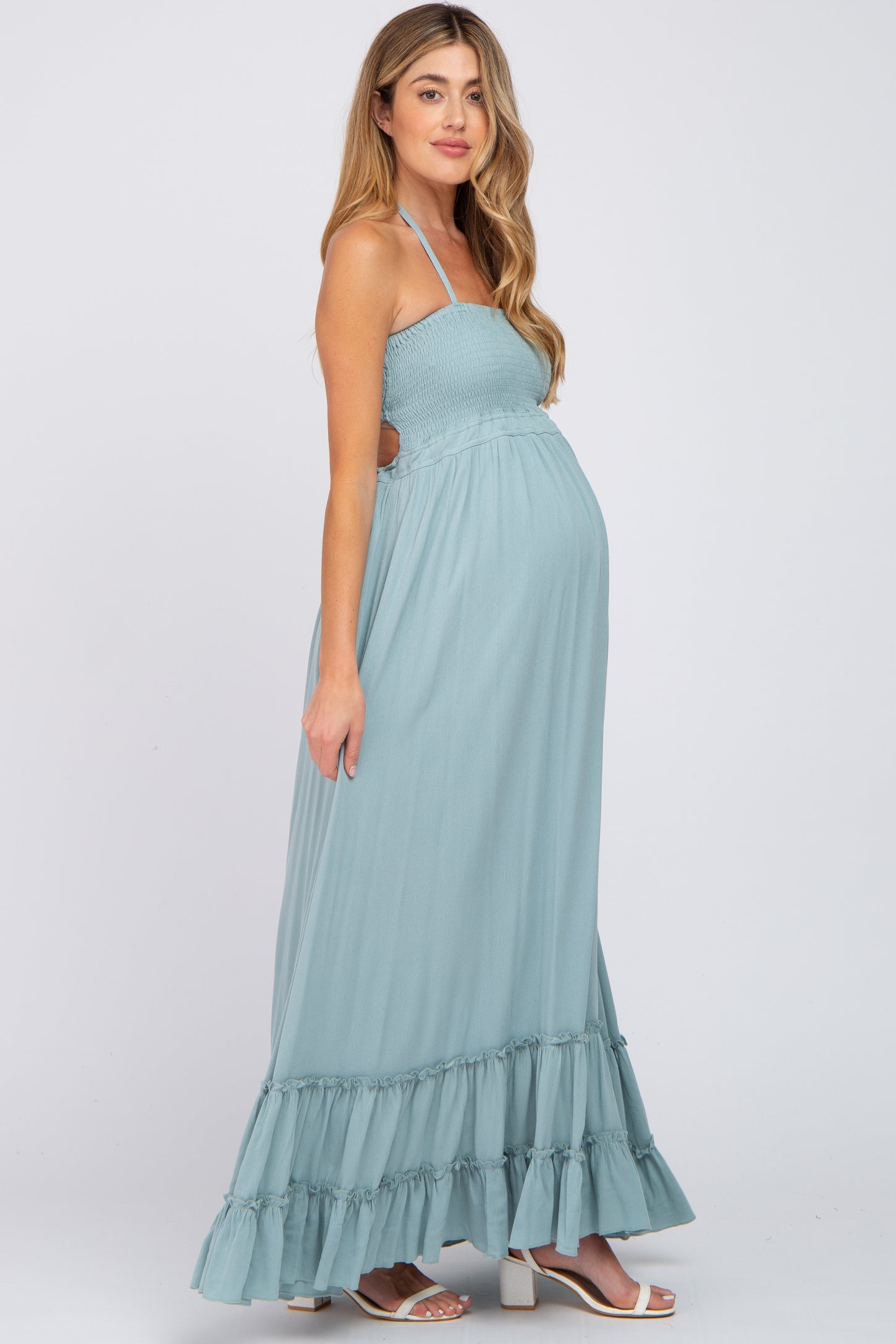 Aqua Halter Neck Cut Out Maternity Maxi Dress PinkBlush Aqua Halter Neck Cut Out Maternity Maxi Dress PinkBlush