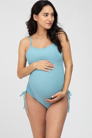 Aqua Ribbed Side Tie One-Piece Maternity Swimsuit