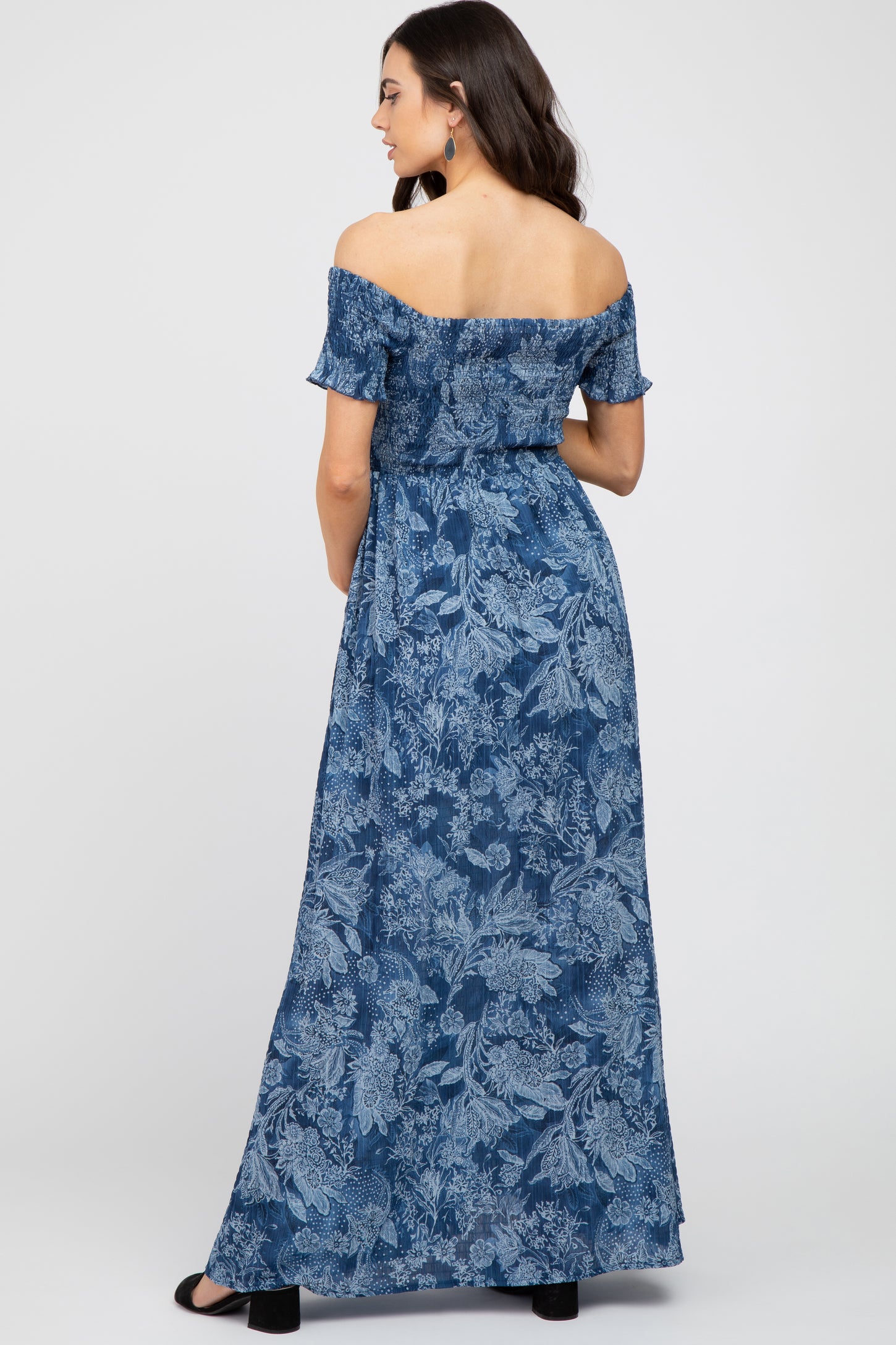 Navy Floral Off Shoulder Smocked Maternity Maxi Dress