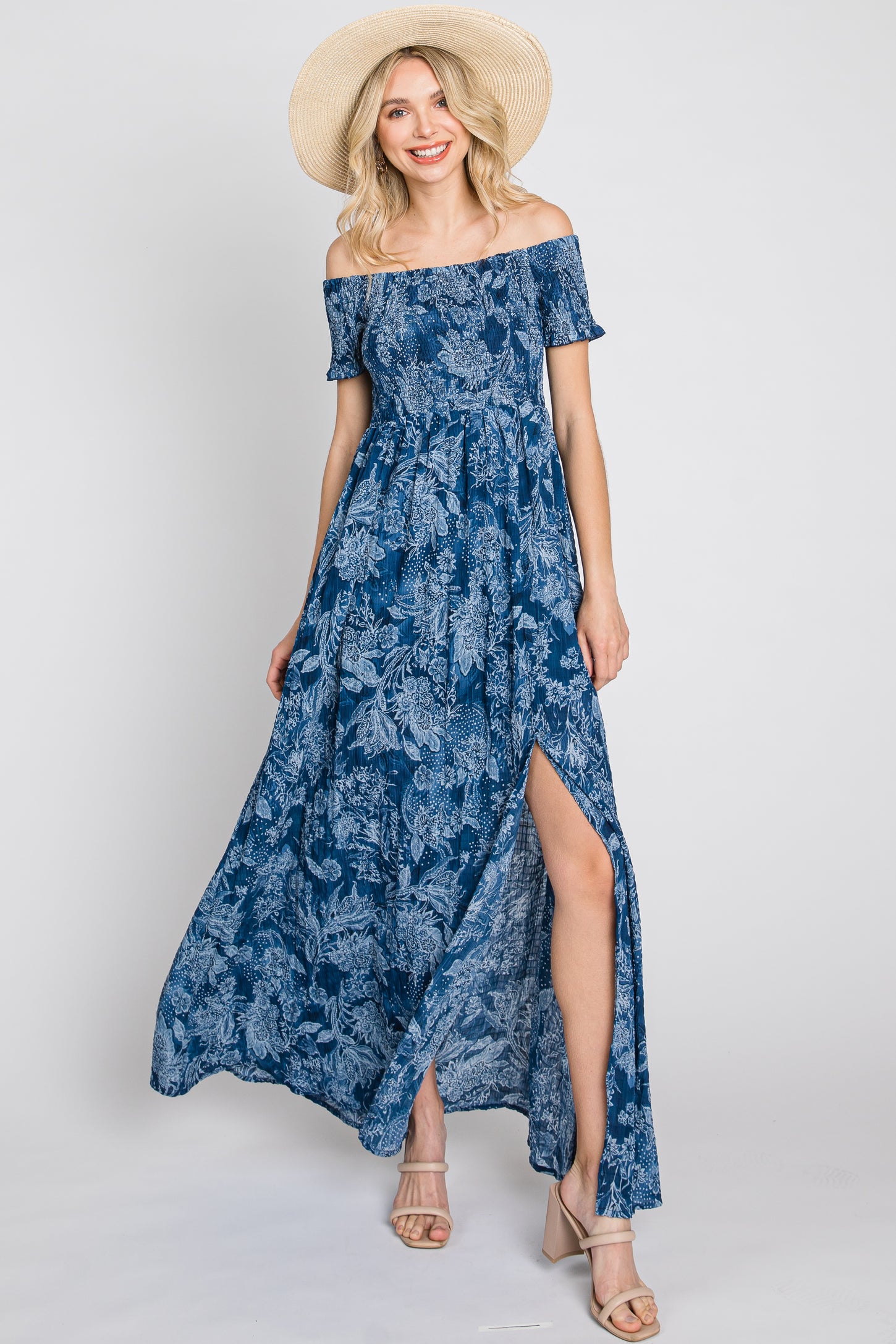 Navy Floral Off Shoulder Smocked Maternity Maxi Dress