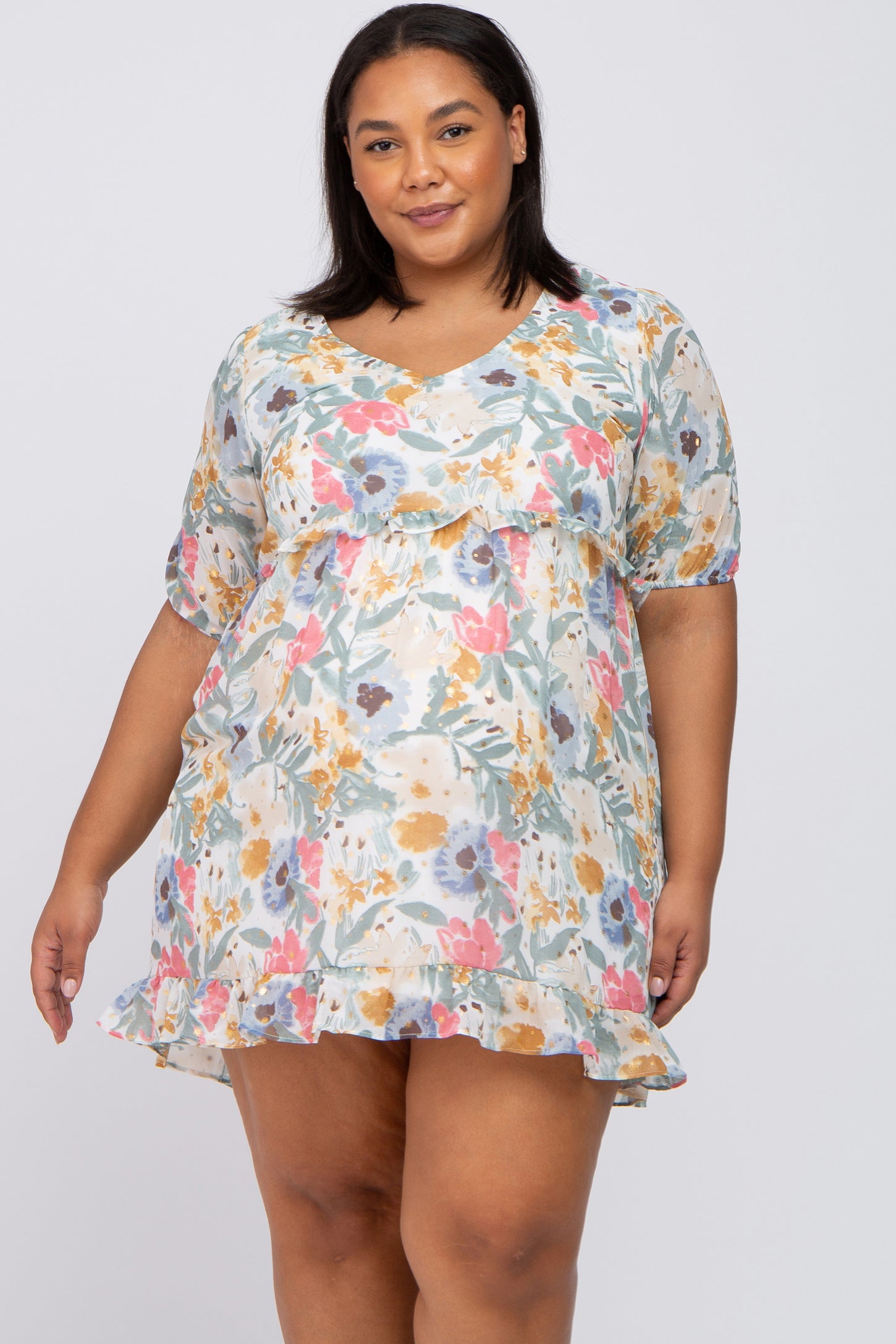 Multi-Color Floral Short Sleeve Plus Maternity Dress