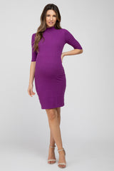 Purple 3/4 Sleeve Mock Neck Ribbed Fitted Silhouette Maternity Dress