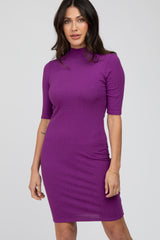 Purple 3/4 Sleeve Mock Neck Ribbed Fitted Silhouette Maternity Dress