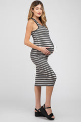 Black White Striped Ribbed Fitted Maternity Midi Dress