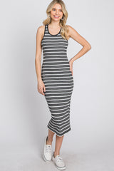 Black White Striped Ribbed Fitted Maternity Midi Dress