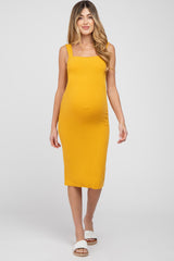 Mustard Ribbed Fitted Maternity Dress