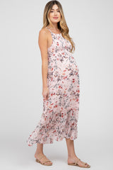 Pink Floral Chiffon Smocked Maternity Midi Dress