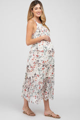 White Floral Chiffon Smocked Maternity Midi Dress