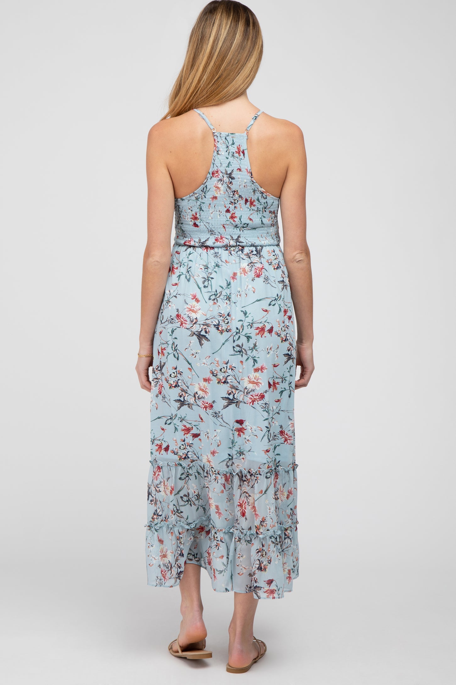 Light Blue Floral Chiffon Smocked Maternity Midi Dress PinkBlush Light Blue Floral Chiffon Smocked Maternity Midi Dress PinkBlush