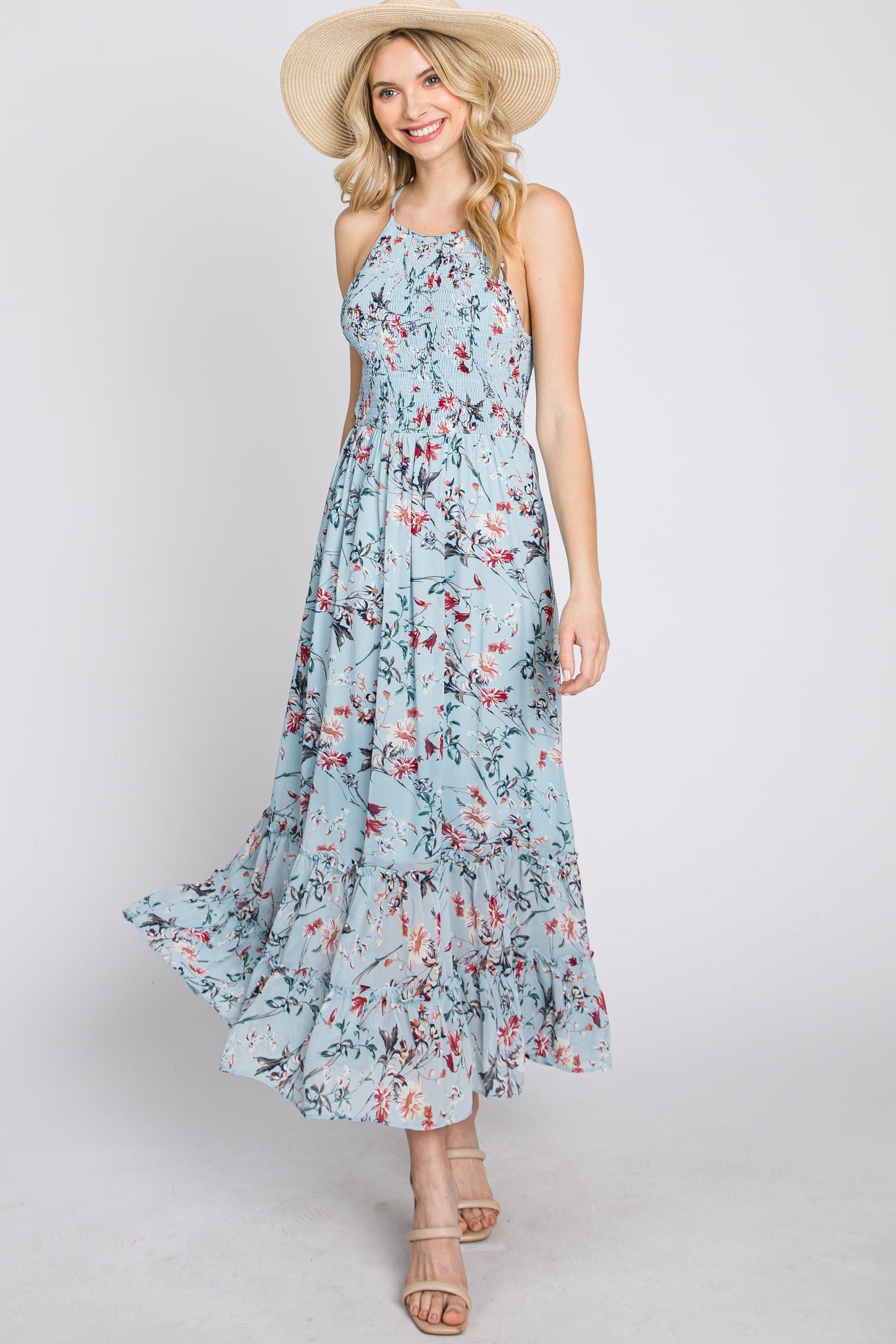 Light Blue Floral Chiffon Smocked Maternity Midi Dress PinkBlush Light Blue Floral Chiffon Smocked Maternity Midi Dress PinkBlush
