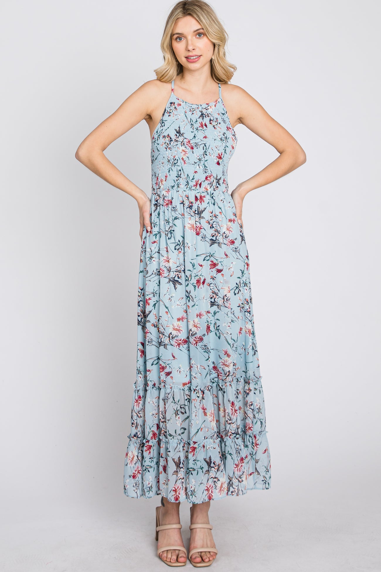 Light Blue Floral Chiffon Smocked Midi Dress– PinkBlush