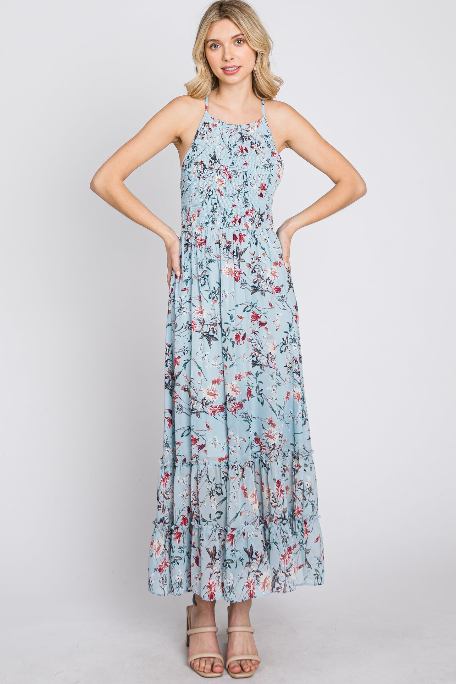 Light Blue Floral Chiffon Smocked Midi Dress– PinkBlush