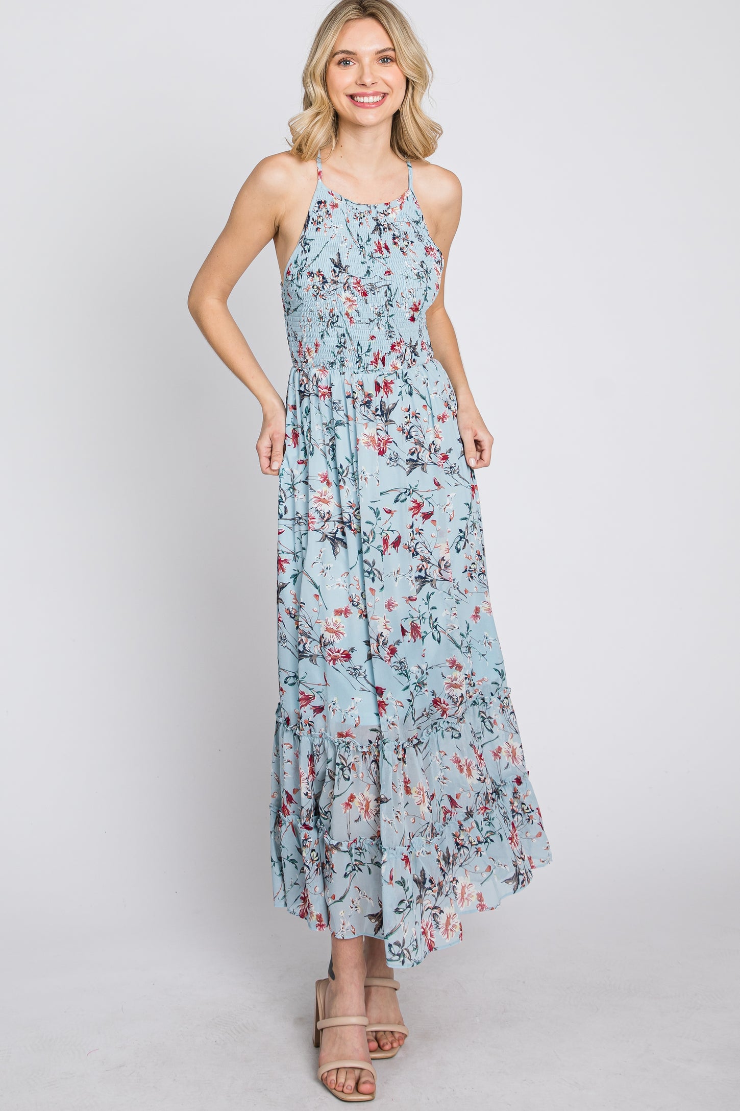 Light Blue Floral Chiffon Smocked Midi Dress