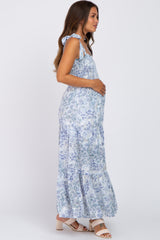 Blue Floral Smocked Tiered Maternity Maxi Dress