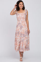 Peach Floral Smocked Tiered Maxi Dress