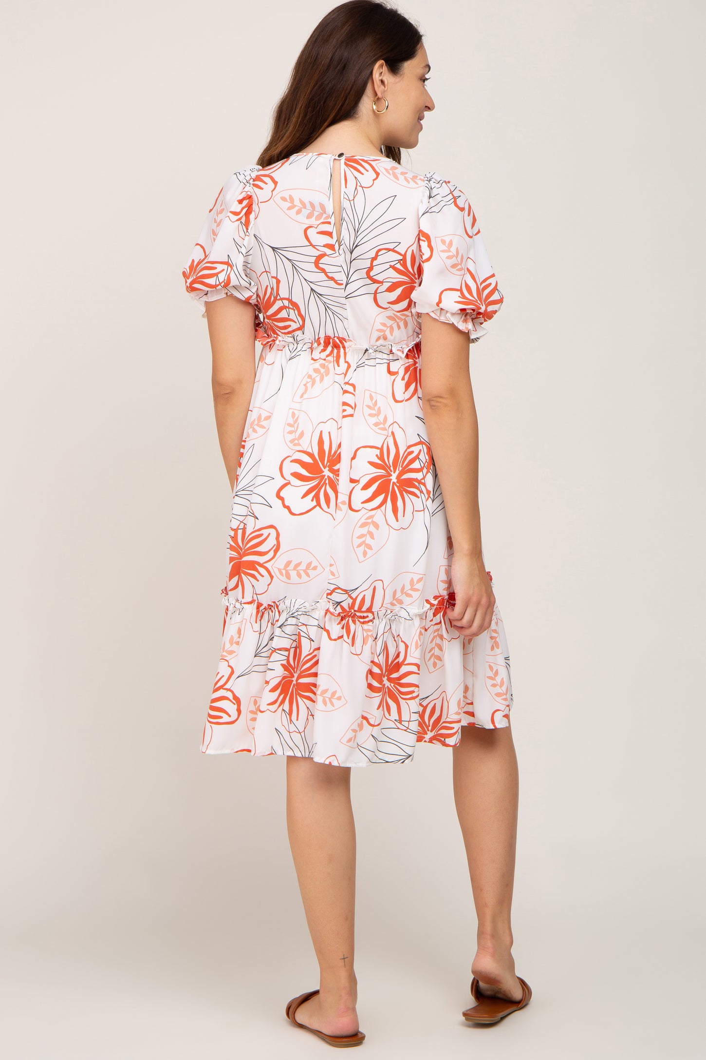 Ivory Tropical Floral Printed Wrap Front Ruffle Hem Maternity Midi Dress