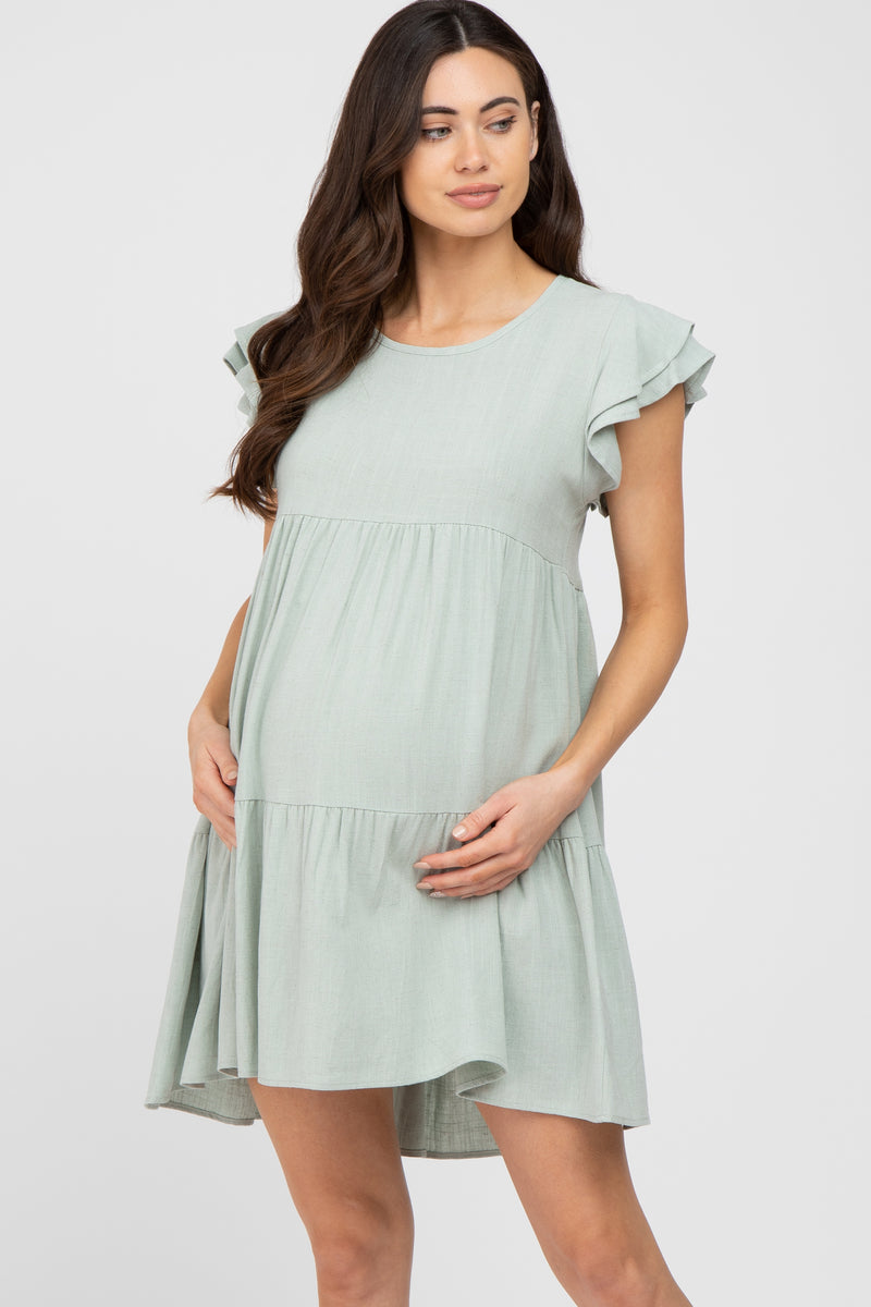 Mint Green Tiered Linen Maternity Dress PinkBlush