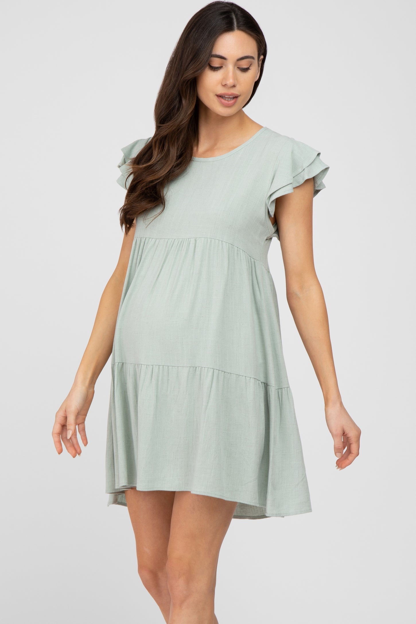 Mint Green Tiered Linen Maternity Dress PinkBlush