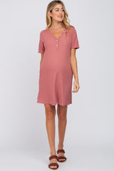 Mauve Ribbed Button Accent Maternity Dress