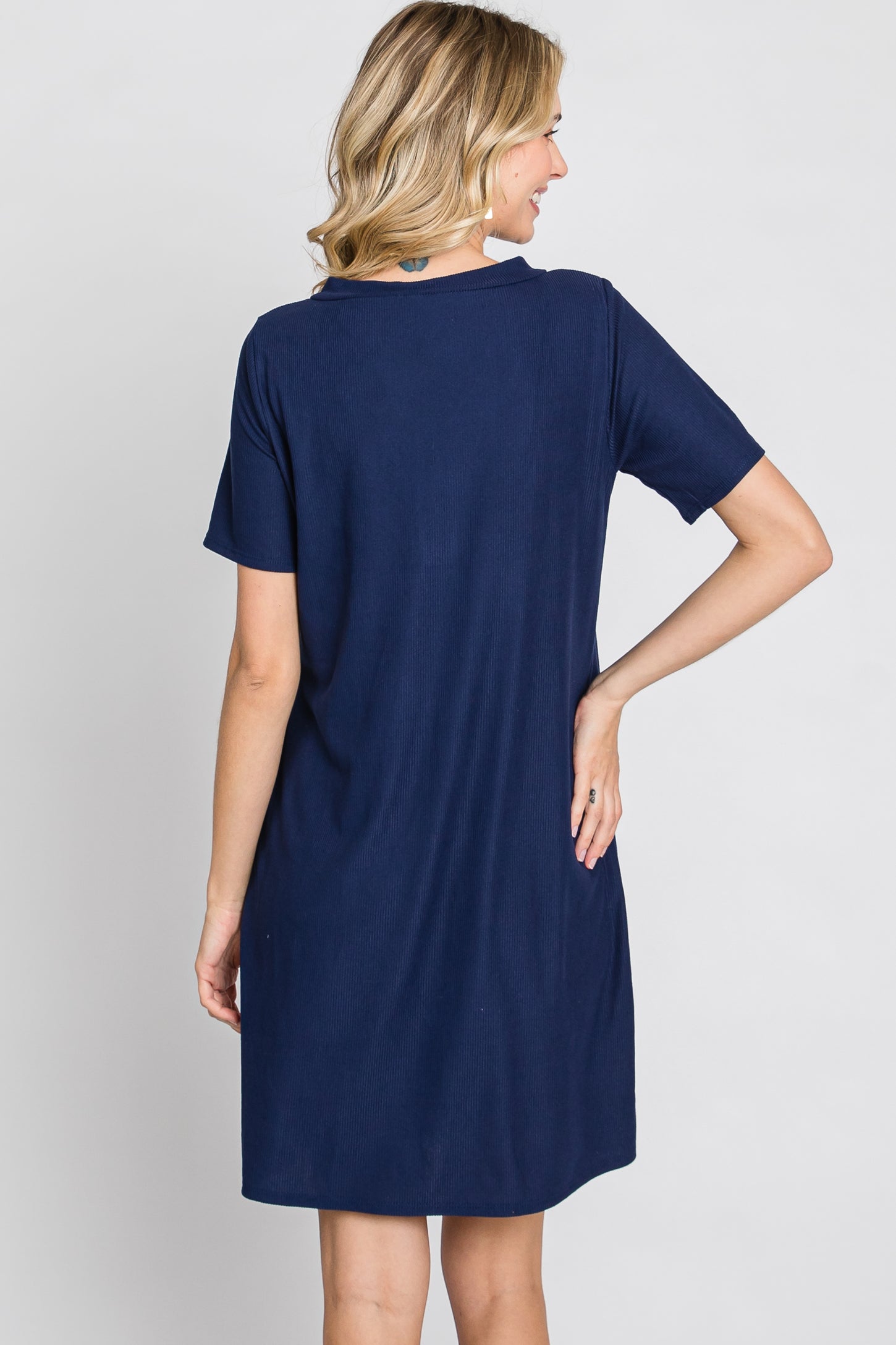 Navy Ribbed Button Accent Dress