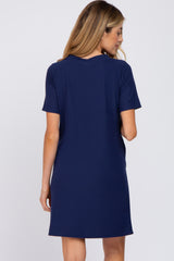 Navy Ribbed Button Accent Maternity Dress