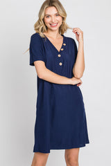 Navy Ribbed Button Accent Maternity Dress