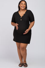 Black Ribbed Button Accent Maternity Plus Dress