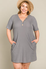 Grey Ribbed Button Accent Plus Dress