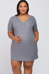 Grey Ribbed Button Accent Maternity Plus Dress