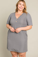 Grey Ribbed Button Accent Plus Dress