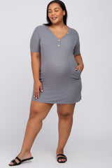 Grey Ribbed Button Accent Maternity Plus Dress