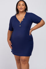 Navy Ribbed Button Accent Maternity Plus Dress