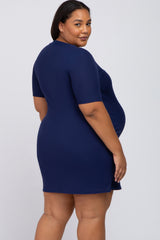 Navy Ribbed Button Accent Maternity Plus Dress