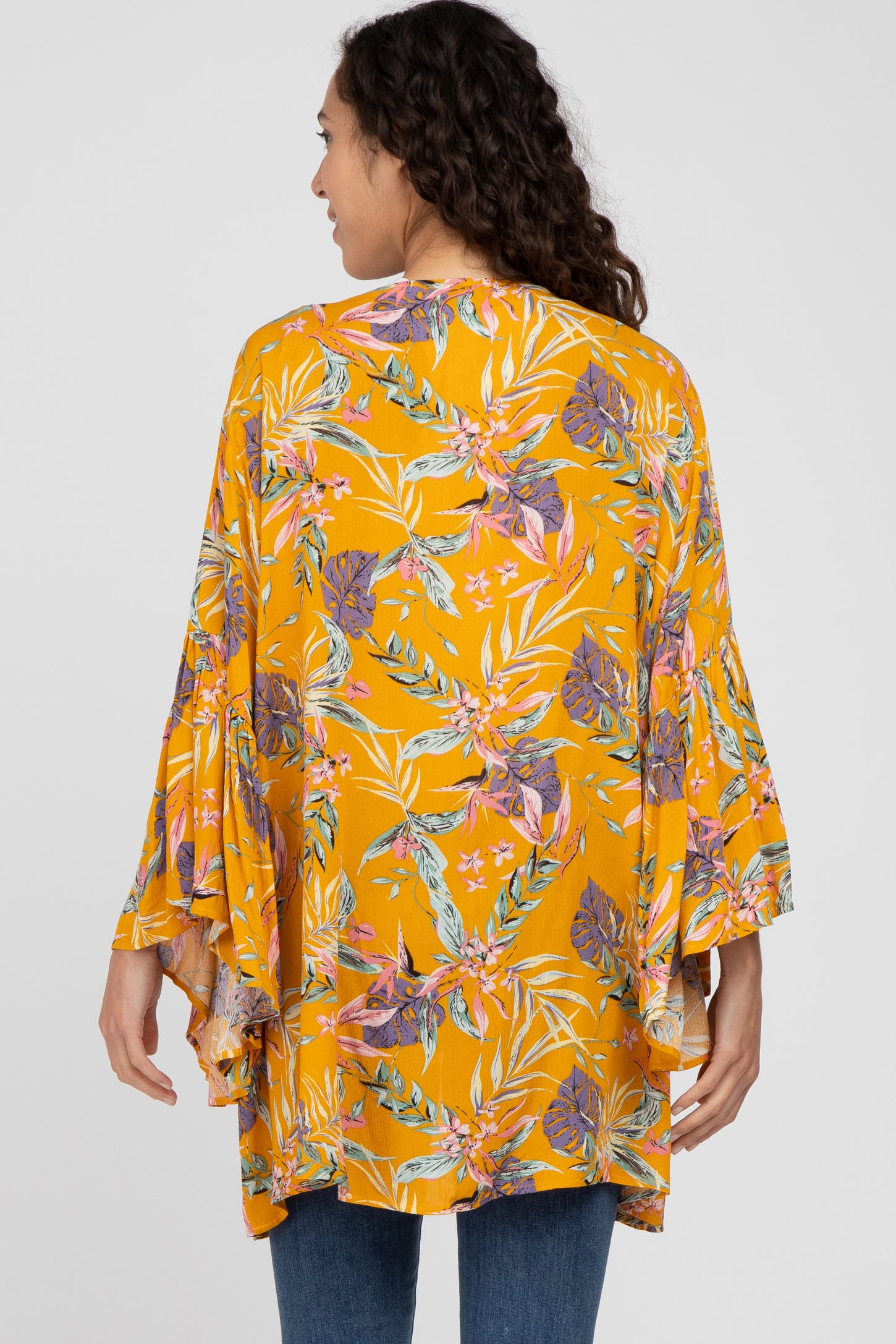 Yellow Floral Bell Sleeve Cover Up