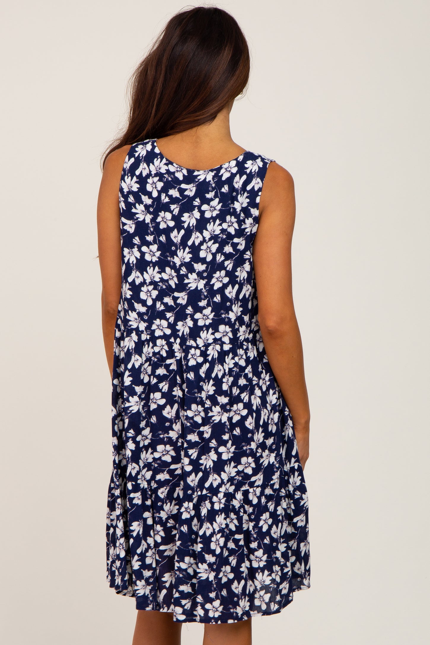 Navy Floral Sleeveless Tiered Dress