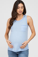 Light Blue Heathered Sleeveless Pocket Front Maternity Top