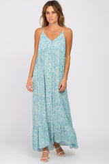 Light Blue Floral Sleeveless Ruffle Hem Maxi Dress