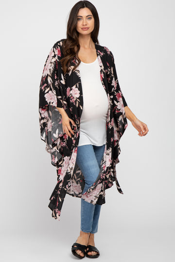 Black Floral Flowy Round Hem Maternity Cover-Up