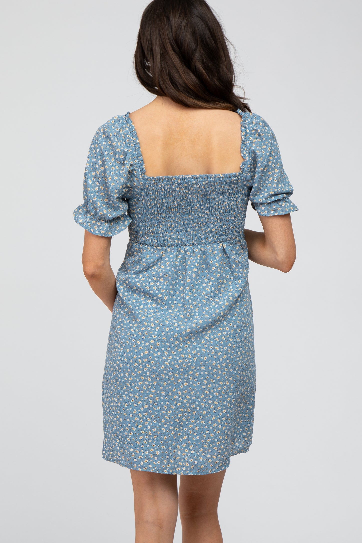 Blue Floral Cinched Sweetheart Neck Maternity Dress